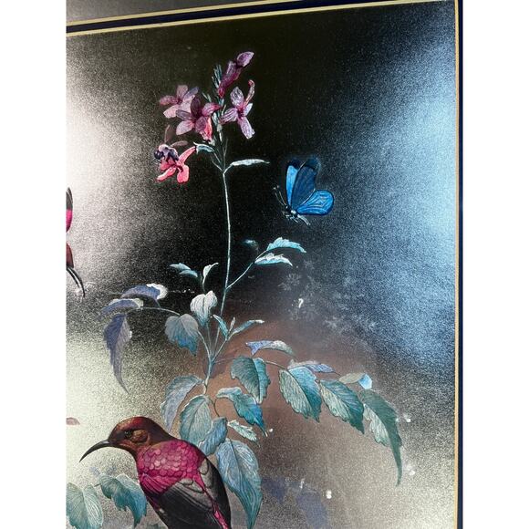 Large Foil Art Framed Vintage MCM Siver Nature Birds Butterfly Rena Hand Etched - Picture 3 of 16